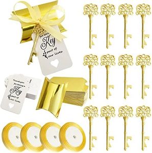 WODEGIFT 100 PCS Skeleton Key Bottle Opener,Wedding Favors Souvenir Gift for Guests with Escort Card Thank You Tag Pillow Box and Satin Ribbon(Gold)