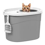 IRIS USA Cat Litter Box, Large Top Entry with Litter Catching Lid and Scoop, Dog Proof, Oval Enclosed Cat Litter Box, Gray/White