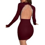 GLARE & BLAIR Solid Women Round Neck Backless Long Sleeve Bodycon Ribbed Mini Dress with Rhinestone Fringe (Small, Maroon)