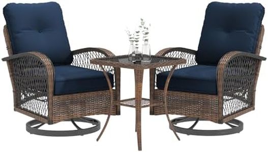 EROMMY 3 Pieces Patio Furniture Set, Outdoor Swivel Rocker Patio Chairs, Wicker Patio Bistro Set with Rocking Chair, Thickened Cushions and Glass Coffee Table for Backyard, Garden, Navy Blue