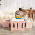 BanaSuper Kids Table and Chair Set Children Plastic Activity Desk with 2 Stools Multifunction Toddler Furniture Set for Preschoolers Boys Girls (Pink White)