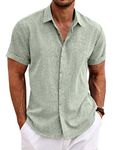 COOFANDY Men's Linen Shirts Short Sleeve Casual Shirts Button Down Shirt for Men Beach Summer Wedding Shirt, Light Green, Large