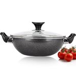 AM Home and Kitchen: 32cm Induction Wok Non Stick with Lid | Versatile Frying Pan, Cookware, Saucepan, Paella Pan, Stock Pot, Stir-Fry & Griddle Pan Deep Pan, Glass Lid with Steam Vent