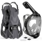 EMSINA-Full Face Snorkel Mask fins Set for Adults and Kids, Upgrade Dry Top Breathing System-New flowtech Design- Foldable Panoramic View, Anti Leak&Fog_GreyblackS/M