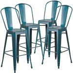 Flash Furniture Commercial Grade 4 Pack 30" High Distressed Metal Indoor-Outdoor Barstool with Back, Kelly Blue-Teal, Set of 4