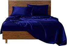 100% Pure Silk Satin Sheets 4 Pieces Royal Blue Bedding Sheets King Bed Sheet Set for Hair & Skin with Flat Sheet, Fitted Sheet 15'' Deep and 2 Pillowcases
