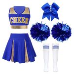 FEESHOW Girls Shiny Cheer Leader Costume Uniform Cheerleading Dance Dress Halloween Party Complete Outfits with Pompoms A Blue 9-10 Years