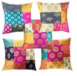 Pink parrot- Jacquard dopian silk patch multi colour cushion cover 16x16 inch-set 5 pcs