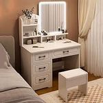 Vanity Desk Mirror with LED Lights, Touch Screen Mirror 3 Lighting Modes Makeup Vanity Dressing Table with 4 Drawers for Women Girls, Bedroom, Vanity Table Set with Stool, White