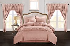 Chic Home Mykonos 20 Piece Comforter Set Striped Ruched Ruffled Embossed Bag Bedding, Queen, Coral