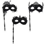 Lezevn 3 Pieces Masquerade Mask with Holding Stick Venetian Women Lace Mask Black Eye Mask Halloween Prom Ball Costume Cosplay Accessories