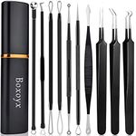 Pimple Popper Tool Kit - Boxoyx 10 Pcs Blackhead Remover Comedone Extractor Kit with Metal Case for Quick and Easy Removal of Pimples, Blackheads, Zit Removing, Forehead,Facial and Nose（Black)