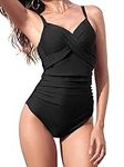 Husmeu Swimming Costume Women One Piece Swimsuit Tummy Control Swimwear V Neck Ruched Padded Swimwear Adjustable Straps Black S