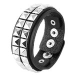 HZMAN Unisex Black Genuine Leather Silver Pyramid Studs Wristband 80s Gothic Punk Glam, One Size, Leather