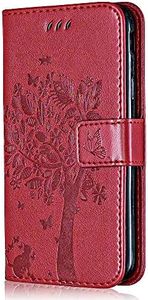 Conber Coque pour iPhone 5 / 5s / SE, Etui en Cuir PU Portefeuille, Antichoc Flip Case Housse Rétro Emboss Série de Chat et d'arbre pour iPhone 5/5s/SE - Rouge
