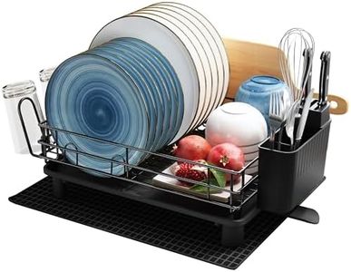 Qienrrae Dish Racks with Drain Board, Large Dish Drying Rack for Kitchen with Automatic Drain, Come with Utensil Holder, Cutting Board Holder and Extra Drying Mat, Black