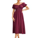 Short Sleeve Midi Wine Red Dresses for Ladies A-Line Puff Sleeve Smock Ruched Flowy High Waist Swing Plus Size Maternity Dress XXL