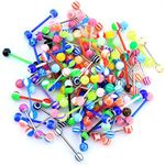 CM Crareesi Mania 50PCS Tongue Rings Pack Random Color Tongue Bars Colorful Tongue Rings Stud Stainless Steel/Acrylic 14G Tongue Barbells, Stainless Steel