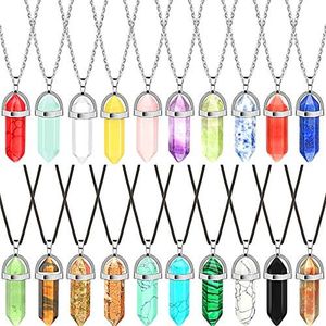 20 Pieces Hexagonal Crystal Necklaces Bullet Shape Gemstone Pendant Necklaces Quartz Stone Chain Necklaces with 20 Inch Chain and 18 Inch Leather Cords for Women (Elegant Style)