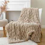 BATTILO HOME Beige Faux Fur Throw Blanket, Double Side Reversible Ruched Rabbit Fur Blanket for Couch, Bed, Cozy Soft Warm Mink Blanket, 50x60 Inches