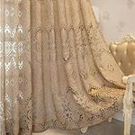 QIJIAYU Europe and the United States luxury jacquard tulle curtains brown geometric pattern hollow tulle curtains living room bedroom