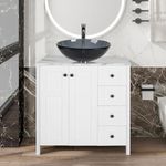 Puluomis 32 Inches Traditional Bathroom Vanity Set in White Finish, Single Bathroom Vanity with Marble Texture Top and 4 Drawers, Grey Glass Sink Top with Single Faucet Hole