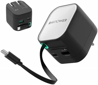 RAVPower 65W GaN PD Fast Charger with Retractable Type-C Cable | 3-Port Wall Adapter (2 USB-C + 1 USB-A) | Foldable Pin Travel Charger for iPhone, Samsung, iPad, MacBook,Type C Laptop