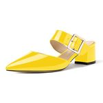 MODENCOCO Women's Adjustable Strap Buckle Patent Solid Pointed Toe Chunky Low Heel Mules Evening Dress Pumps Shoes 2 Inch, Yellow, 9.5