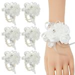 Meldel White Wrist Corsages for Prom, Set of 6, Rose Wedding Wrist Corsage for Bridal Bridesmaid Girl Women, Fake Wrist Flower for Mother of Bride, Artificial Hand Flower for Homecoming Anniversary