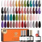 Modelones 32Pcs Gel Nail Polish Set, 28 Colors All Seasons Gel Polish with Glossy& Matte Gel Top Coat No Wipe Base Coat Nail Primer Kit Nude Pink Brown Black Green Glitter Colors Nail Polish Gift DIY