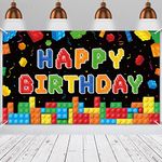 Panelee Building Block Birthday Banner Building Blocks Party Backdrop Building Blocks Birthday Party Decoration Happy Birthday Banner Photography Background for Kids Party Supplies, 72.8 x 43.3 Inch