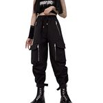 MEINVQIAOTI Black Cargo Pants Women Loose Chained Pants Multi-Pocket Multi-Zip Punk Goth Pants, Black, XS