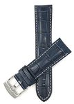 Bandini Extra Long (XL) 22mm Mens Italian Leather Watch Band Strap - Blue - White Stitch - Alligator Pattern