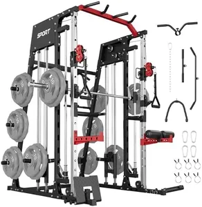 Festisoul Smith Machine Home Gym – Power Cage with Smith Bar, LAT Pulldown, Cable System & Attachments – 2200LBS Capacity, Red & Black, Compact for Home Use