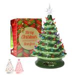 Green Ceramic Christmas Tree Prelit Christmas Decorations 13 inch Tabletop Winter Tree Décor with Multicolor Bulbs Star Topper Vintage Christmas Lights Christmas Decor Gifts for Family Friends