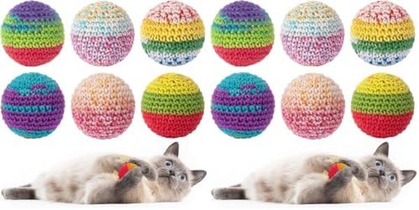 Retro Shaw Cat Toys Balls, Yarn Cat Ball with Bell Inside, Interactive Kitten Toys for Indoor Bored Cats, Handmade Crochet Kitty Ball 12 Pack