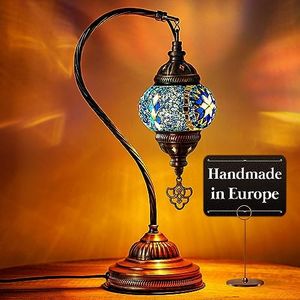 Retrago Home Decor Turkish Mosaic Lamp, Blue Handmade Moroccon Lamp, Decorative Glass Antique Bohemian Vintage Colorful, Swan Neck Bedside Table Desk Lamp, (LED Bulb Included)