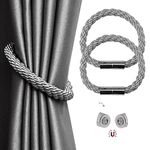 Magnetic Curtain Tie Backs, 2 Pack Modern Simplicity Curtain Rope Holdbacks with Strong Magnet, 22 Inch Braided Rope Curtain Holder Decoration for Thin or Thick Home and Office Curtains (Grey)