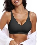 OEAK Bras for Women Non Wired Push Up Seamless Bra Soft V Neck Wireless Bralette Scalloped Full Coverage Everyday Bra,Black,M