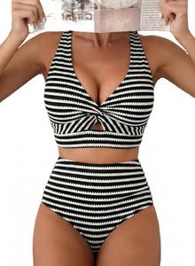 Herseas Women's 2 Piece Bikini Sets Black Stripes Twist Front Swimsuit XS