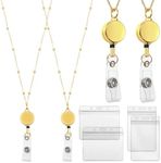 Outus 2 Pieces Badge Lanyard with ID Holders Stainless Steel Badge Necklace Retractable Reel Clip Chain Water Resistant Name Badge Holders(Gold)