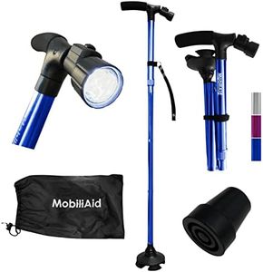 MobiliAid Smart Walking Stick with LED Light, Freestanding Collapsible & Foldable Walking Cane, Height Adjustable & Lightweight Elderly Aid or Mobility Aid, with Free Extra Cane Tip and Carry-On Bag