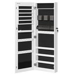 SONGMICS Jewellery Cabinet Armoire, Lockable Wall-Mounted Storage Organiser Unit with 2 Plastic Cosmetic Storage Trays, Full-Length Frameless Mirror, for Necklace Earring, White JJC001W01