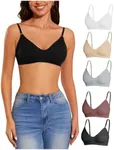 OYOANGLE Women's 5 Pieces Rib Knit Spaghetti Strap V Neck Wireless Bra Set Seamless Solid Plain Everyday Wear Bralette Black White Medium