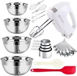 WEPSEN 5-Speed Electric Hand Mixer, 4 Large Mixing Bowls Set, Handheld Mixers with Whisks Beater, Stainless Steel Metal Nesting Bowl Measuring Cups Spoons Kitchen Cake Blender for Baking Supplies