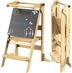 Toddler Learning Tower with Chalkboard, SAUCE ZHAN Kitchen Helper 3-Level Adjustable Heights Step Stool for Kids with Safety Rail & Non-Slip Mat, Foldable Learning Stool for Baby Gift (Natural)