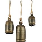 Deco 79 Metal Tibetan Inspired Decorative Cow Bells with Jute Hanging Rope, Set of 3 10 Inch,8 Inch,6 InchH, Bronze