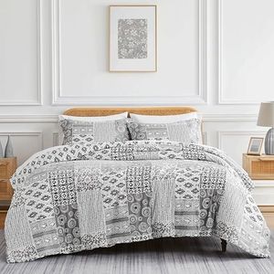 Southshore Fine Living, Inc. King Sized Comforter Set with 2 Pillow Shams, Reversible Bedding Sets - Global Patchwork Quilt - Alternative Down Comforter for Cal/King Mattress, Grey & White