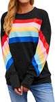 Dresswel Women's Rainbow Sweatshirt Striped Pullover Jumper Colour Block Long Sleeve Blouse Elegant Tops, Black, Small