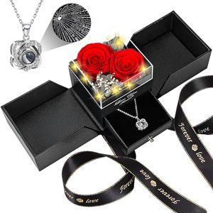 2 Preserved Real Rose with Heart I Love You Necklace- Eternal Rose Birthday Gifts for Women Wife Girlfriend Her Mom Grandma on Festivals Gifts Christmas Valentines Mothers Day Anniversary-Red Rose